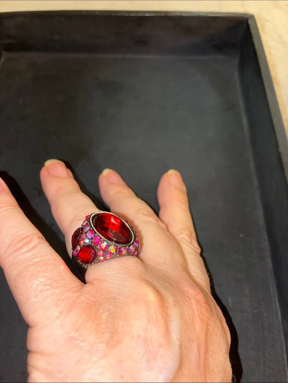 Vintage-Inspired Red Crystal Statement Stretch Ring